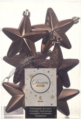 Decoris kersthanger sterren - 6x st - walnoot bruin - 7 cm - kunststof - kerstornamenten - kerstversiering