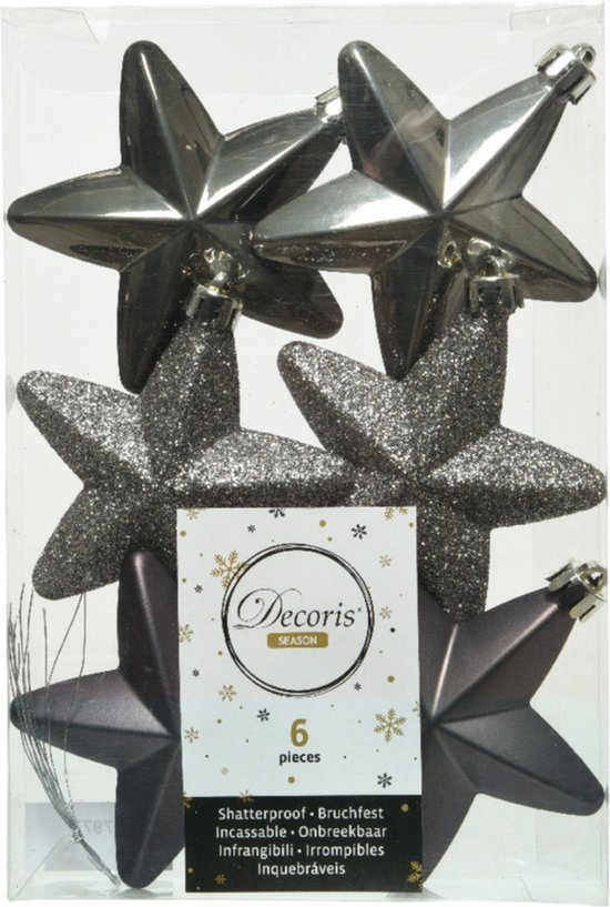 Decoris kersthanger sterren - 6x st - antraciet grijs - 7 cm - kunststof - kerstornamenten - kerstversiering