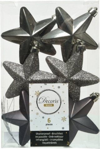Decoris kersthanger sterren - 6x st - antraciet grijs - 7 cm - kunststof - kerstornamenten - kerstversiering