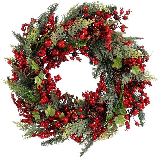 Mica Decorations Norah Kerstkrans met Dennenappels - Kerstversiering met Traditionele Look - Deurkrans voor in de Hal of bij de Voordeur - H13 x Ø50 cm - Rood en Groen