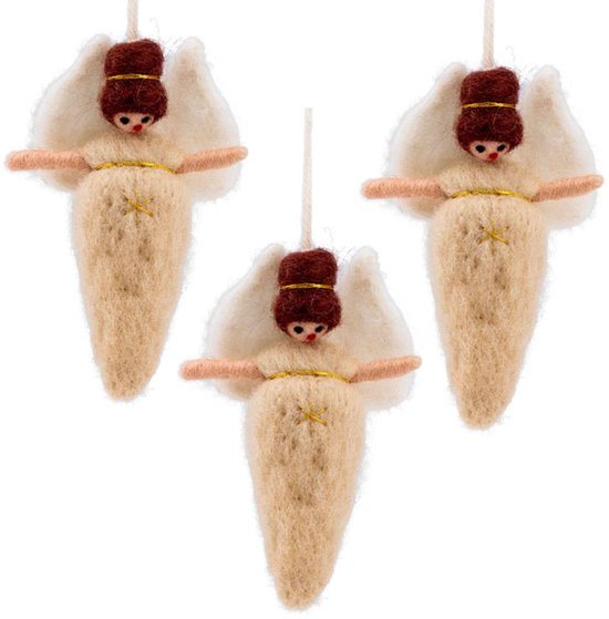 Wolvilt Hangers Engeltjes - Beige - Set 3 stuks - Fairtrade Homedeco - 13x7cm