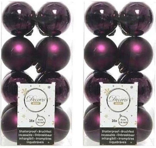 32x Aubergine paars kunststof kerstballen 4 cm - Mat/glans - Onbreekbare plastic kerstballen - Kerstboomversiering aubergine paars