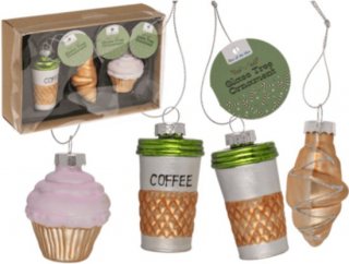 Out Of The Blue - Glazen Kerstdecoraties – Set van 3 – Koffie, Croissant & Cupcake