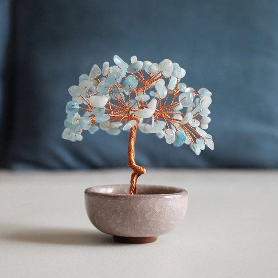 Aquamarijn Edelsteenboom – Handgemaakte Kristallen Boom Decoratie – Rust & Balans