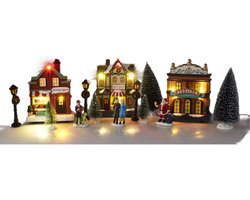 Kerstdorp huisjes set - met accessoires - 14 dlg - met LED - RGB - batterij