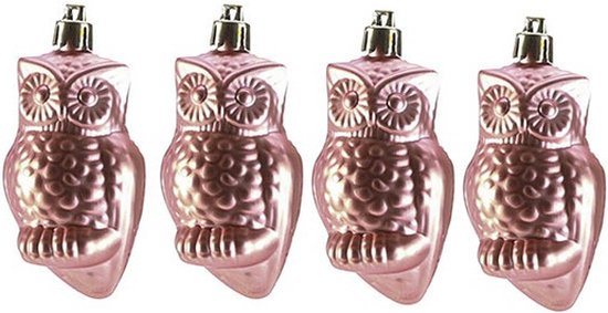 4x Kersthangers figuurtjes roze uilen 9 cm - uilen thema kerstboomhangers - kerstboomversiering