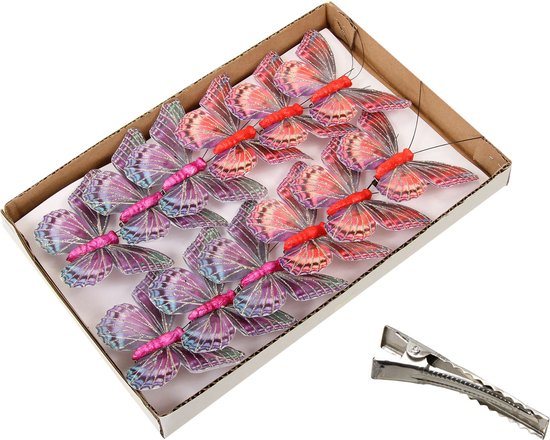 Othmar Decorations kerstboom decoratie vlinders op clip - 12x - rood/paars -9 cm