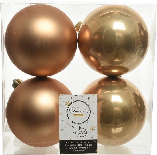 Decoris Kerstballen - 4x st - camel bruin - D10 cm - kunststof - kerstversiering