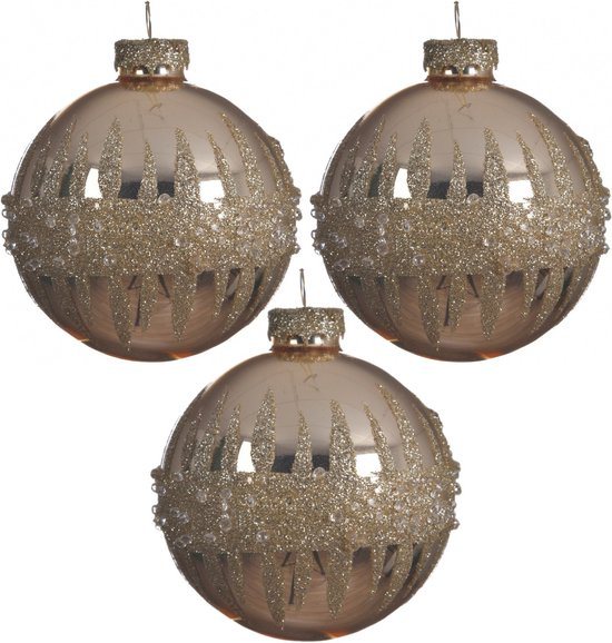6x Stuks luxe glazen kerstballen goud met glitters en steentjes 8 cm - Kerstversiering/kerstboomversiering