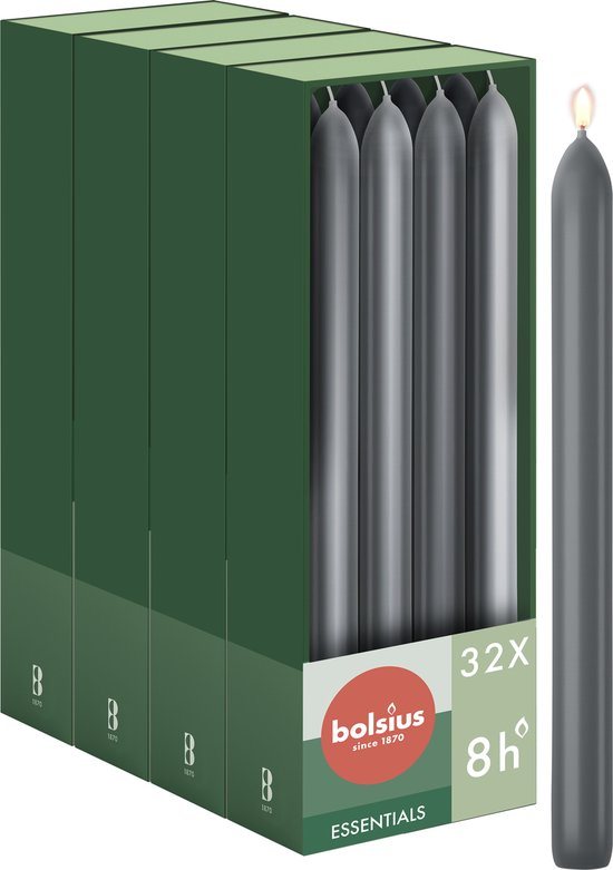 Bolsius - Gladde Dinerkaarsen - 23 cm - 32 stuks - Antraciet - Donker Grijs