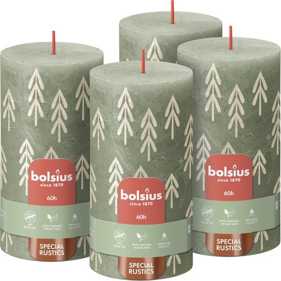 Bolsius - Rustieke kaars - 4 Stuks - Groen met print - 13cm - Kerst patroon