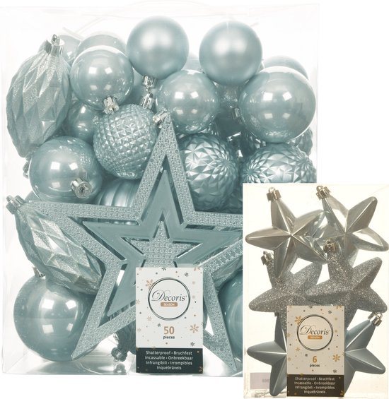 Kerstballen, kerstornamenten en piek - 56x stuks - lichtblauw - kunststof