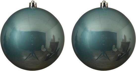 2x Grote ijsblauwe kunststof kerstballen van 14 cm - glans - ijsblauwe kerstboom versiering