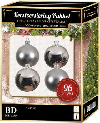 Kerstbal en ster piek set 96x zilver - voor 180 cm boom - Kerstboomversiering zilver