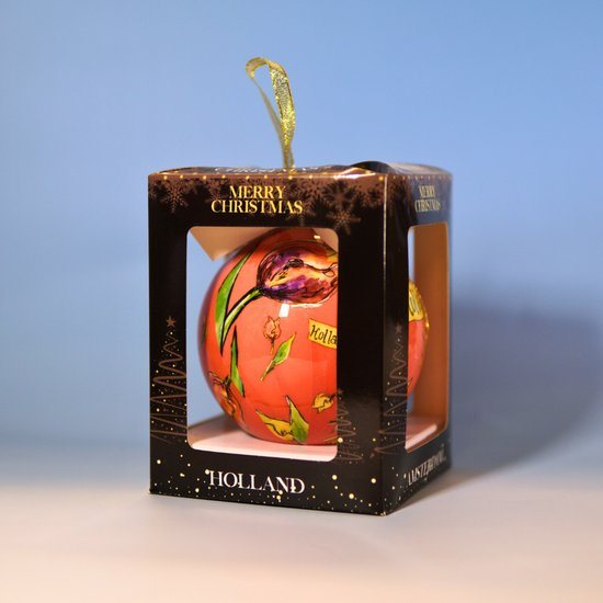 Giftbox XL Kerstbal Plastic: "Holland Tulips" - Holland met Tulpen - Roze - 1 stuk - Holland souvenir
