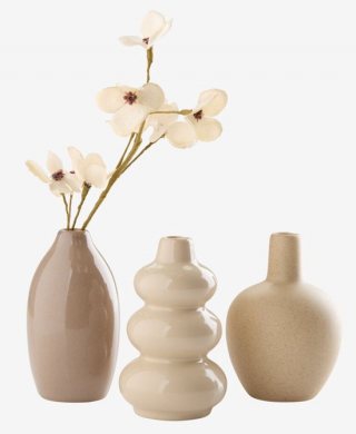 Set van 3 Decoratieve Vazen – Beige & Bruintinten – Steengoed Vaasjes – Moderne Mini Vazen Set – Glanzende Afwerking – Ø6 x H10 cm