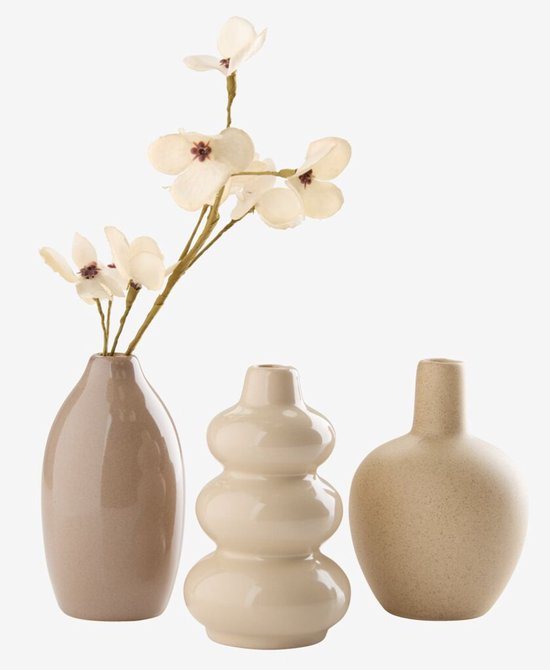 Set van 3 Decoratieve Vazen – Beige & Bruintinten – Steengoed Vaasjes – Moderne Mini Vazen Set – Glanzende Afwerking – Ø6 x H10 cm