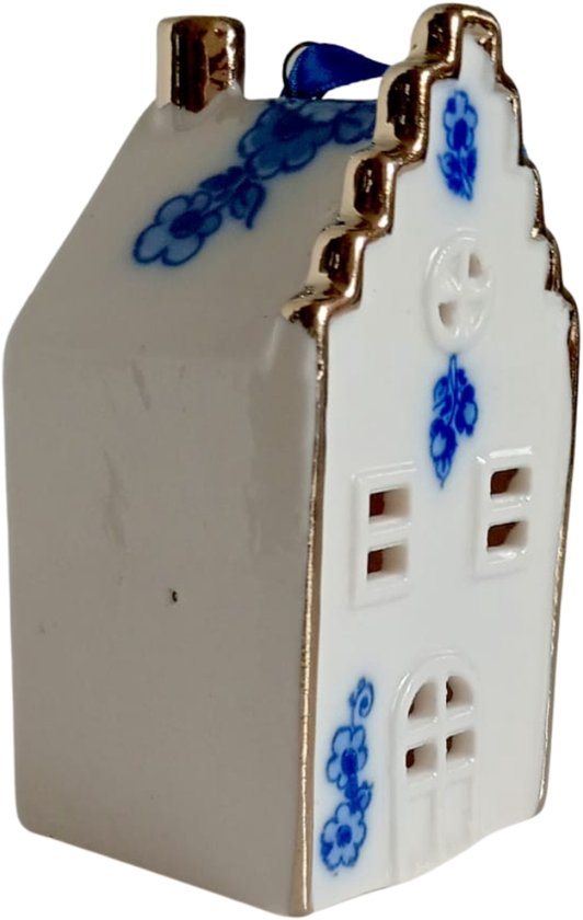 Heinen Delfs Blauw-Kerstornament Huisje Trapgevel - Keramiek - 8 cm