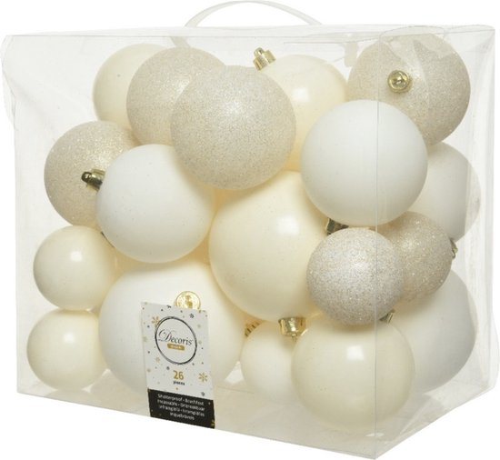Decoris Kerstballen 26x st wol wit - 6-8-10 cm - kunststof - lichtgewicht - kerstboom versiering