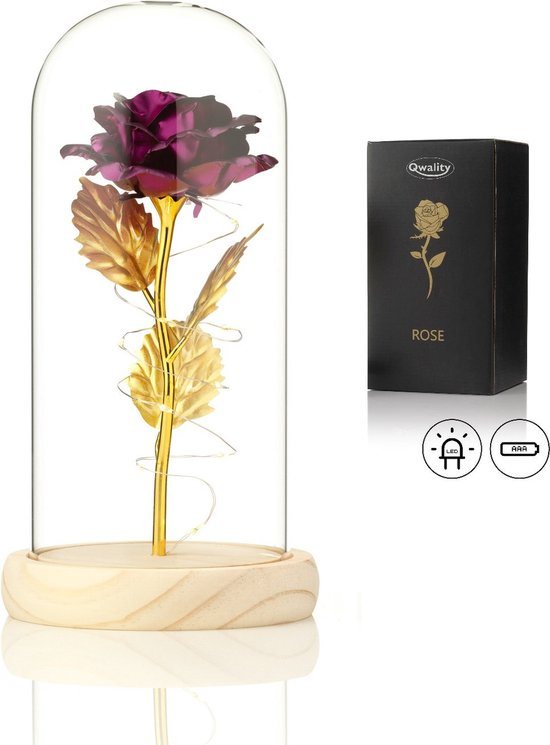 Luxe Roos in Glas met LED - Gouden Roos in Glazen Stolp – Cadeau voor vriendin moeder haar - Paars - Lichte Voet – Qwality