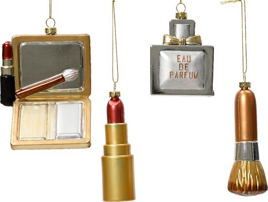Decoris Kersthanger kunststof make-up Parfum, Poederkwast, Lipstick of Oogschaduw
