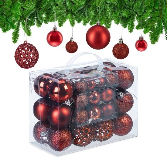 kerstballen - set van 50 - onbreekbaar - plastic - ∅ 3, 4 & 6 cm - rood