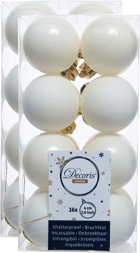 32x stuks kunststof kerstballen wol wit 4 cm - Mat/glans - Onbreekbare plastic kerstballen