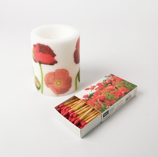 Kaars - met GRATIS lange lucifers - lange lucifers - poppy flower - klaproos - SET - kaarsen set - kaarsen - kaarsen set cadeau - cadeau voor oma - mama - opa - klaprozen - kado - kerstcadeau