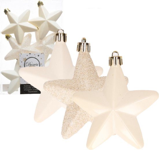 Decoris kersthanger sterren - 6x st - wol wit - 7 cm - kunststof - kerstornamenten - kerstversiering