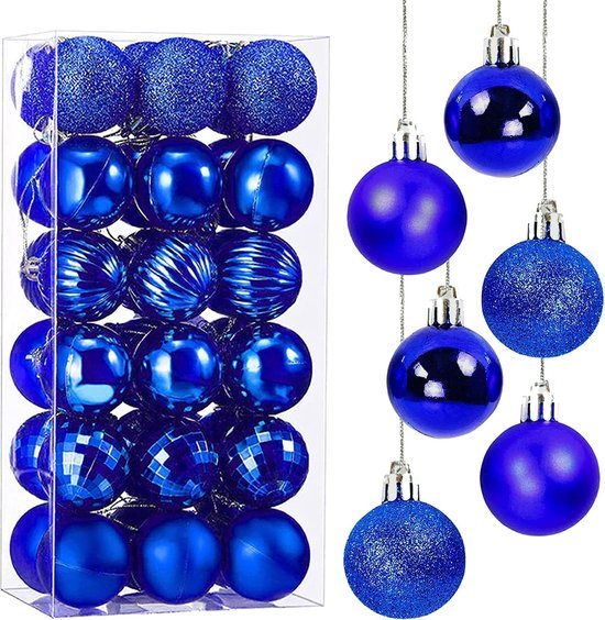 oCreon 36 Stuks Blauwe Kerstballen - Kunststof Ornamenten Tot Ø 4CM voor Kerstboomversiering
